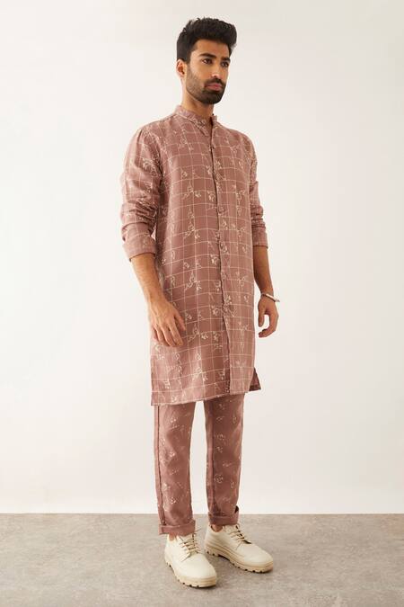 Son Of A Noble Snob_Purple Linen Mauve Floral Grid Printed Kurta Set_Online_at_Aza_Fashions