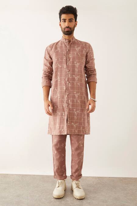 Buy_Son Of A Noble Snob_Purple Linen Mauve Floral Grid Printed Kurta Set_Online_at_Aza_Fashions