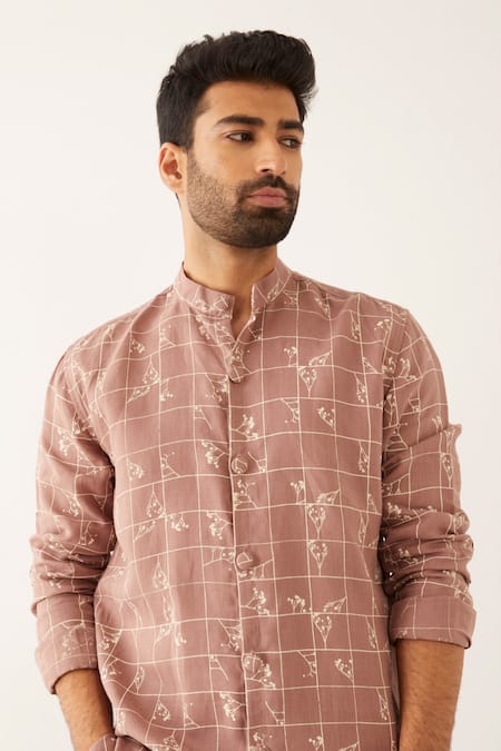 Shop_Son Of A Noble Snob_Purple Linen Mauve Floral Grid Printed Kurta Set_Online_at_Aza_Fashions