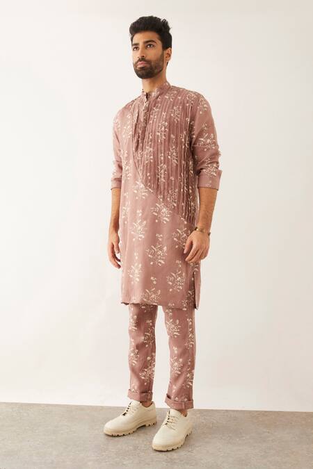 Son Of A Noble Snob_Purple Linen Embroidery Roan Catchfly Print Kurta And Pant Set_Online_at_Aza_Fashions