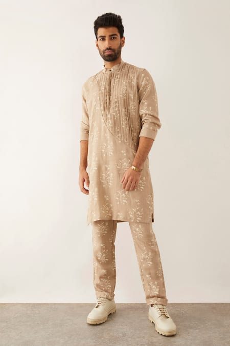 Son of A Noble Snob Beige 100% Linen Printed Catchfly Roan Pleated Kurta And Pant Set  