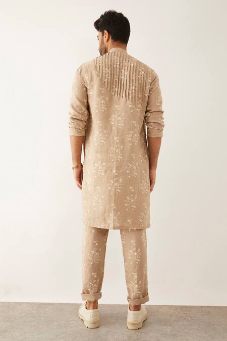 Shop Son Of A Noble Snob Beige Linen Embroidery Roan Catchfly Print Pleated Kurta And Pant Set at Aza Fashions Shop_Son Of A Noble Snob_Beige Linen Embroidery Roan Catchfly Print Pleated Kurta And Pant Set_at_Aza_Fashions