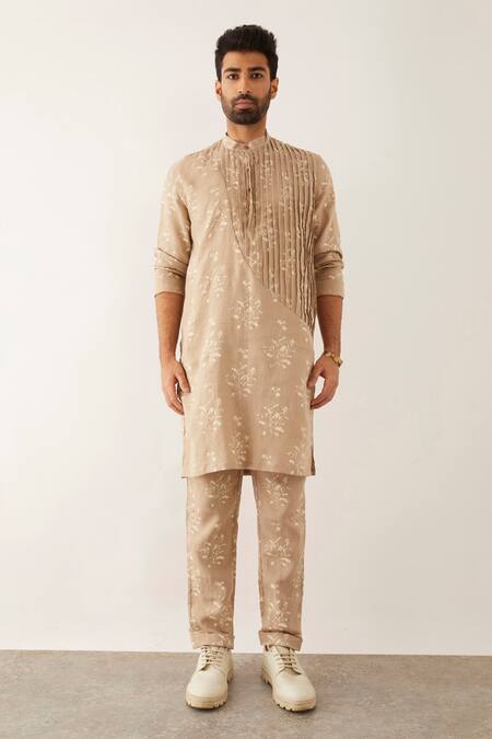 Son Of A Noble Snob Beige Linen Embroidery Roan Catchfly Print Pleated Kurta And Pant Set Online at Aza Fashions Son Of A Noble Snob_Beige Linen Embroidery Roan Catchfly Print Pleated Kurta And Pant Set_Online_at_Aza_Fashions