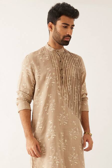 Buy Son Of A Noble Snob Beige Linen Embroidery Roan Catchfly Print Pleated Kurta And Pant Set Online at Aza Fashions Buy_Son Of A Noble Snob_Beige Linen Embroidery Roan Catchfly Print Pleated Kurta And Pant Set_Online_at_Aza_Fashions