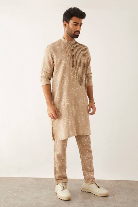 Shop Son Of A Noble Snob Beige Linen Embroidery Roan Catchfly Print Pleated Kurta And Pant Set Online at Aza Fashions Shop_Son Of A Noble Snob_Beige Linen Embroidery Roan Catchfly Print Pleated Kurta And Pant Set_Online_at_Aza_Fashions