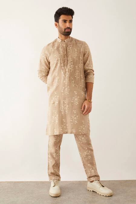 Son Of A Noble Snob Beige Linen Embroidery Roan Catchfly Print Pleated Kurta And Pant Set at Aza Fashions Son Of A Noble Snob_Beige Linen Embroidery Roan Catchfly Print Pleated Kurta And Pant Set_at_Aza_Fashions