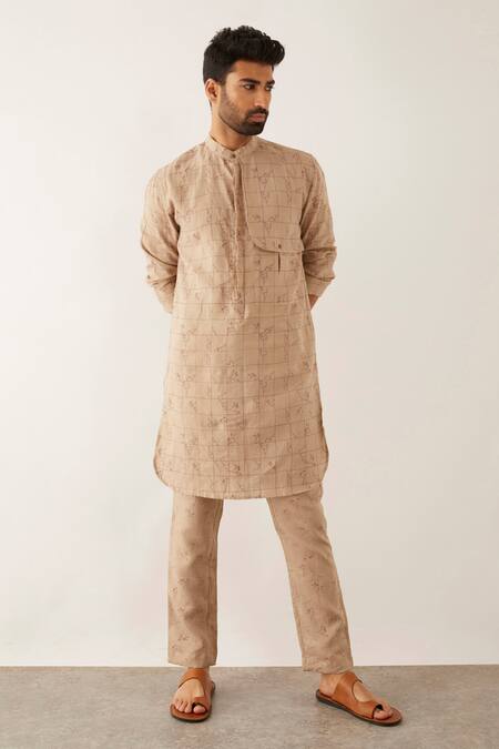 Son Of A Noble Snob Beige Linen Embroidery Jad Printed Kurta And Trouser Set