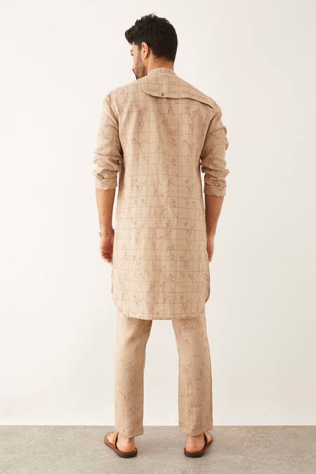 Shop Son Of A Noble Snob Beige Linen Embroidery Jad Printed Kurta And Trouser Set at Aza Fashions Shop_Son Of A Noble Snob_Beige Linen Embroidery Jad Printed Kurta And Trouser Set_at_Aza_Fashions