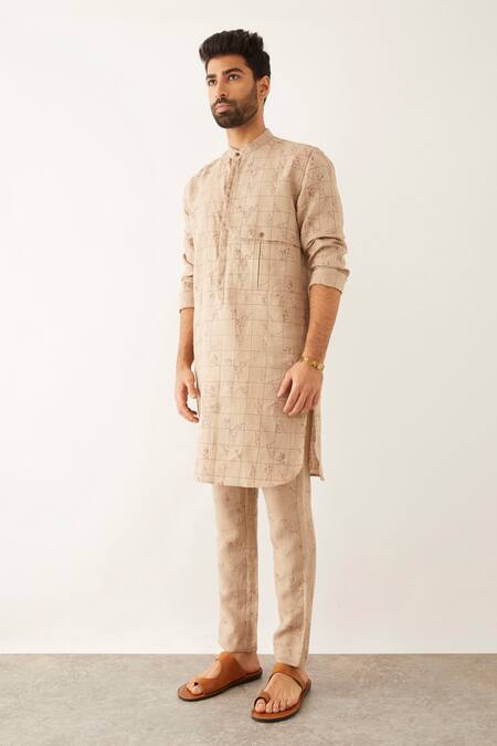 Buy Son Of A Noble Snob Beige Linen Embroidery Jad Printed Kurta And Trouser Set Online at Aza Fashions Buy_Son Of A Noble Snob_Beige Linen Embroidery Jad Printed Kurta And Trouser Set_Online_at_Aza_Fashions