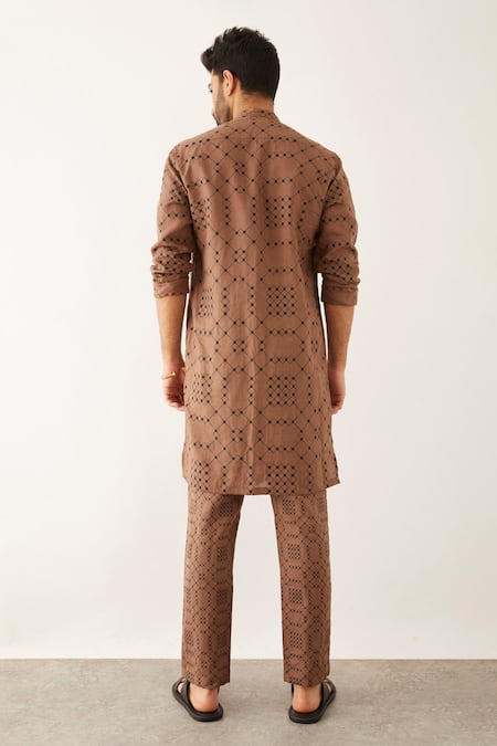 Shop Son Of A Noble Snob Brown Linen Embroidery Simo Balance Print Kurta And Pant Set at Aza Fashions Shop_Son Of A Noble Snob_Brown Linen Embroidery Simo Balance Print Kurta And Pant Set _at_Aza_Fashions