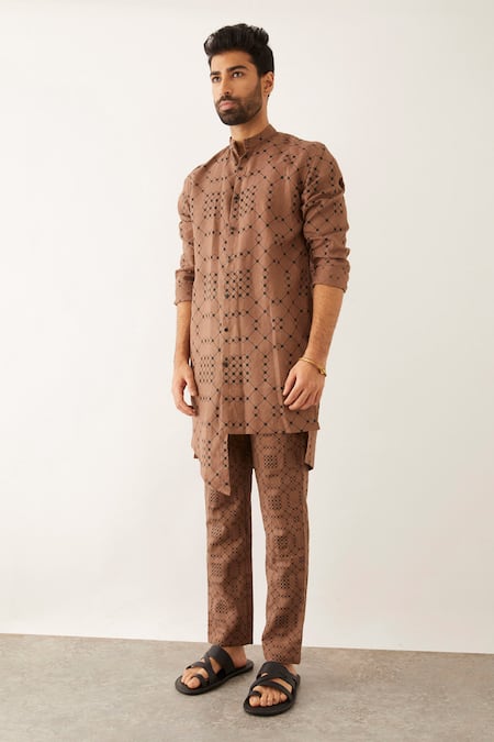 Buy Son Of A Noble Snob Brown Linen Embroidery Simo Balance Print Kurta And Pant Set Online at Aza Fashions Buy_Son Of A Noble Snob_Brown Linen Embroidery Simo Balance Print Kurta And Pant Set _Online_at_Aza_Fashions