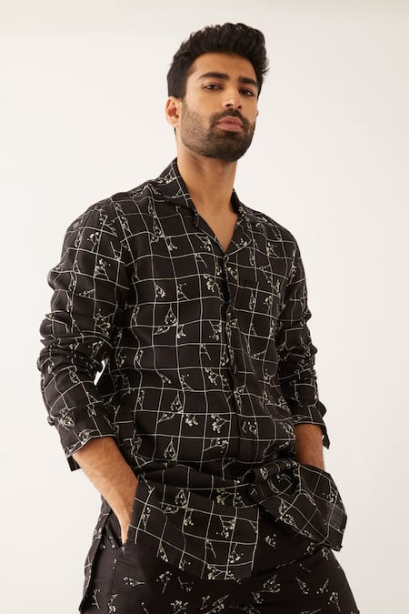 Buy_Son Of A Noble Snob_Black Linen Olfa Printed Kurta And Trouser Set _Online_at_Aza_Fashions