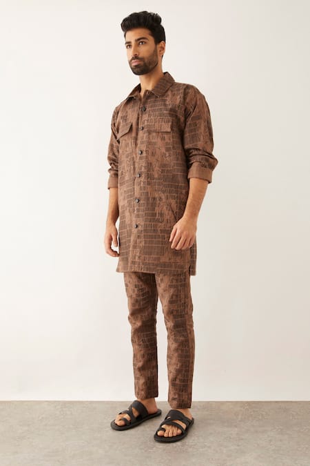Son Of A Noble Snob_Brown Linen Serry Dominos Print Kurta And Trouser Set _Online_at_Aza_Fashions