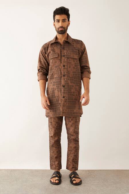 Buy_Son Of A Noble Snob_Brown Linen Serry Dominos Print Kurta And Trouser Set _Online_at_Aza_Fashions
