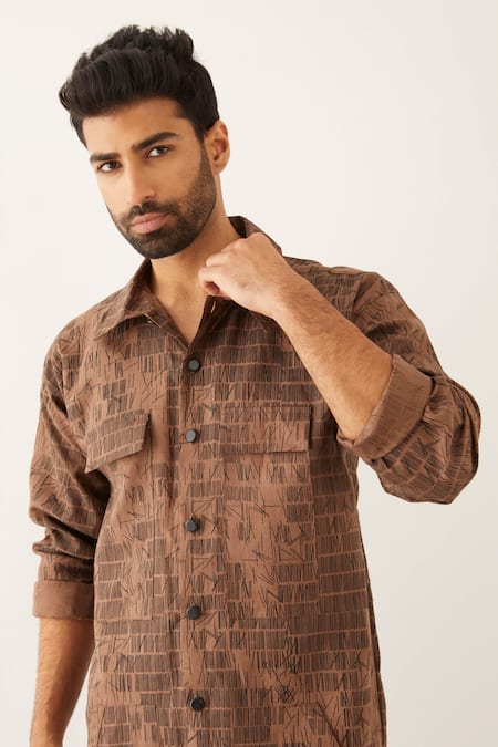 Shop_Son Of A Noble Snob_Brown Linen Serry Dominos Print Kurta And Trouser Set _Online_at_Aza_Fashions