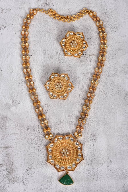 The Bling Girll Floral Carved Stone Drop Necklace & Earring Set 