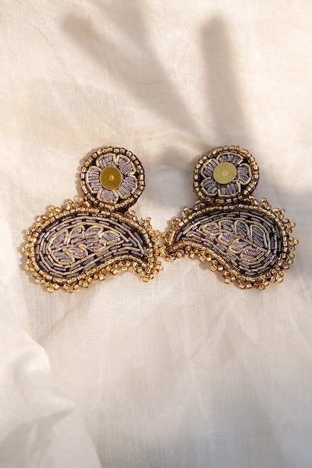 Shop Moirra Gold Plated Beads Handcrafted Paisley Shape Earrings at Aza Fashions Shop_Moirra_Gold Plated Beads Handcrafted Paisley Shape Earrings _at_Aza_Fashions