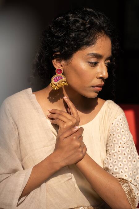 Moirra_Gold Plated Beads Handcrafted Paisley Shape Earrings _Online_at_Aza_Fashions