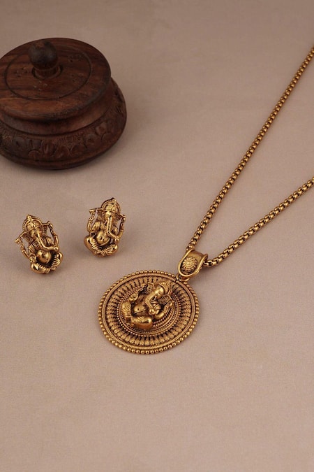 Smars Jewelry Lord Ganesha Carved Pendant Necklace Set 