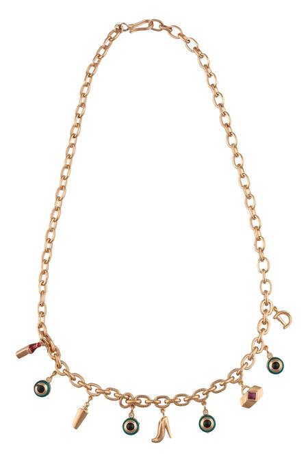 Shop Nepra By Neha Goel Gold Plated Evil Eye And Heel Charm Necklace at Aza Fashions Shop_Nepra By Neha Goel_Gold Plated Evil Eye And Heel Charm Necklace_at_Aza_Fashions