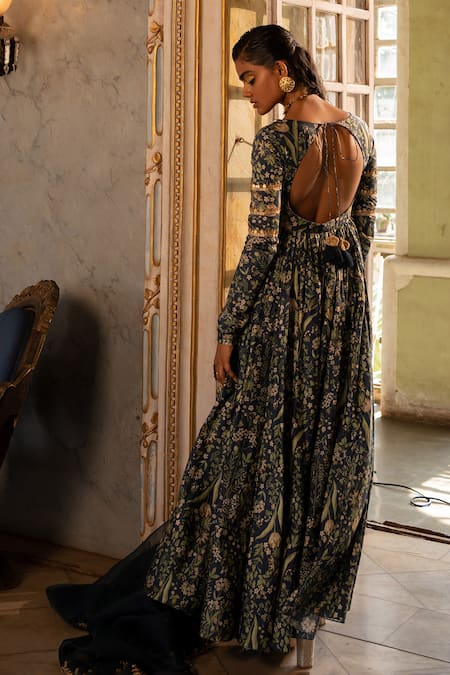 Shop_Paulmi And Harsh_Blue Cotton, Silk, Tissue Tropical Wildflower Print Anarkali With Dupatta _at_Aza_Fashions