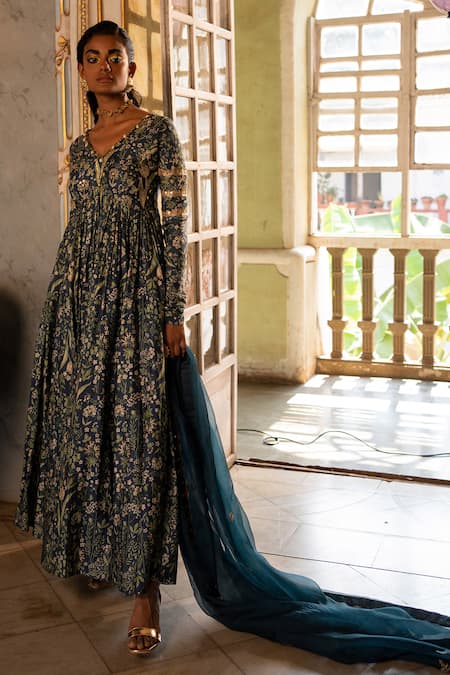 Paulmi And Harsh_Blue Cotton, Silk, Tissue Tropical Wildflower Print Anarkali With Dupatta _Online_at_Aza_Fashions