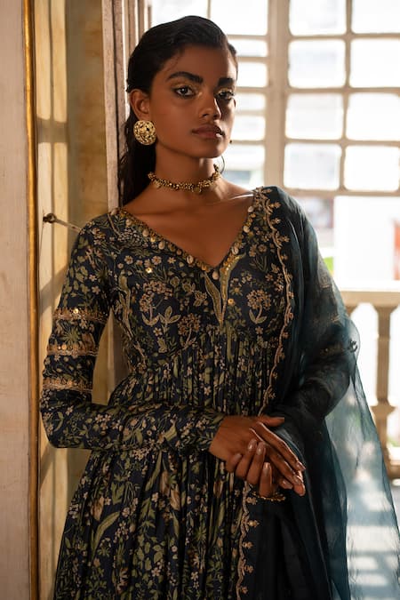 Shop_Paulmi And Harsh_Blue Cotton, Silk, Tissue Tropical Wildflower Print Anarkali With Dupatta _Online_at_Aza_Fashions