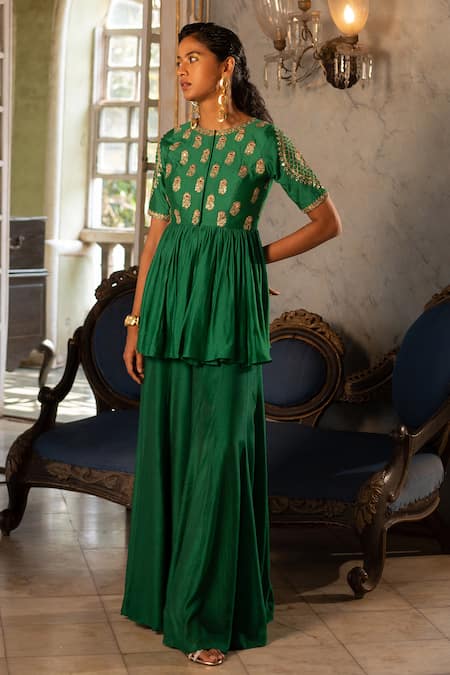Paulmi and Harsh Emerald Green Peplum  Chiniya Silk Embroidered Top And Palazzo Set 