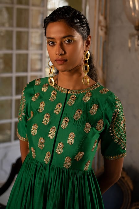 Paulmi And Harsh_Emerald Green Chanderi , Cotton, Floral Peplum Top And Palazzo Set _Online_at_Aza_Fashions
