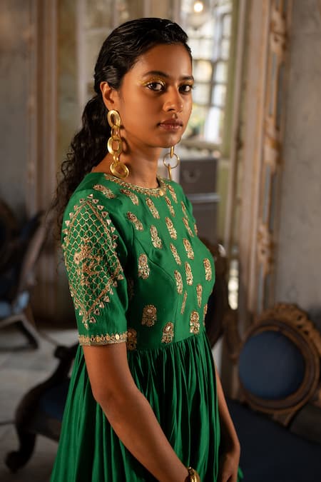 Buy_Paulmi And Harsh_Emerald Green Chanderi , Cotton, Floral Peplum Top And Palazzo Set _Online_at_Aza_Fashions