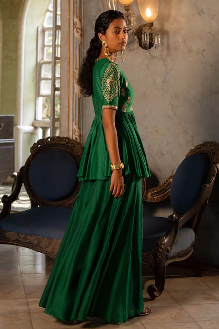 Shop_Paulmi And Harsh_Emerald Green Chanderi , Cotton, Floral Peplum Top And Palazzo Set _Online_at_Aza_Fashions