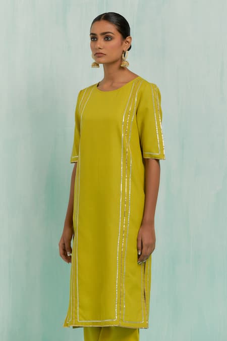 The Indian Cause_Green Cotton Gota Patti Round Neck Lace Embellished Kurta With Salwar_Online_at_Aza_Fashions