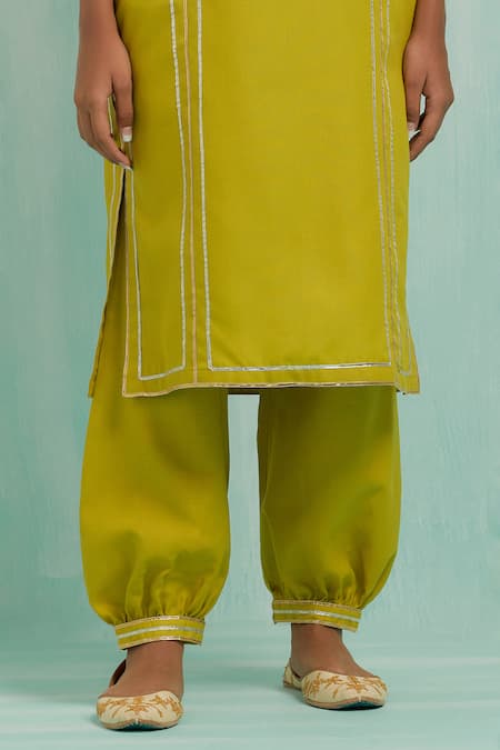 Shop_The Indian Cause_Green Cotton Gota Patti Round Neck Lace Embellished Kurta With Salwar_Online_at_Aza_Fashions