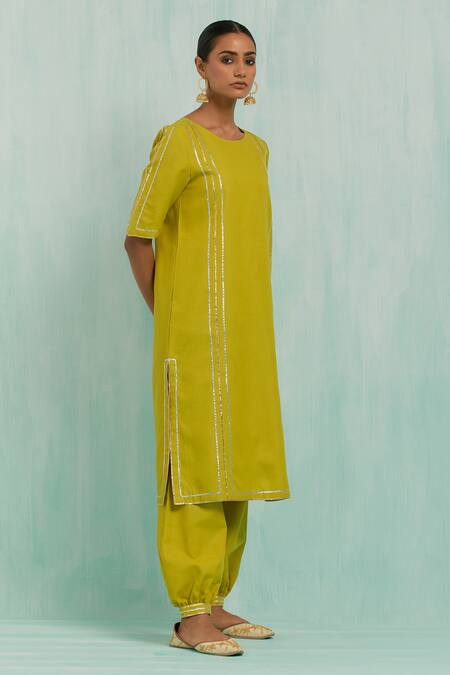 Buy The Indian Cause Green Cotton Gota Patti Round Neck Embellished Lace Kurta Salwar Set Online at Aza Fashions Buy_The Indian Cause_Green Cotton Gota Patti Round Neck Embellished Lace Kurta Salwar Set_Online_at_Aza_Fashions