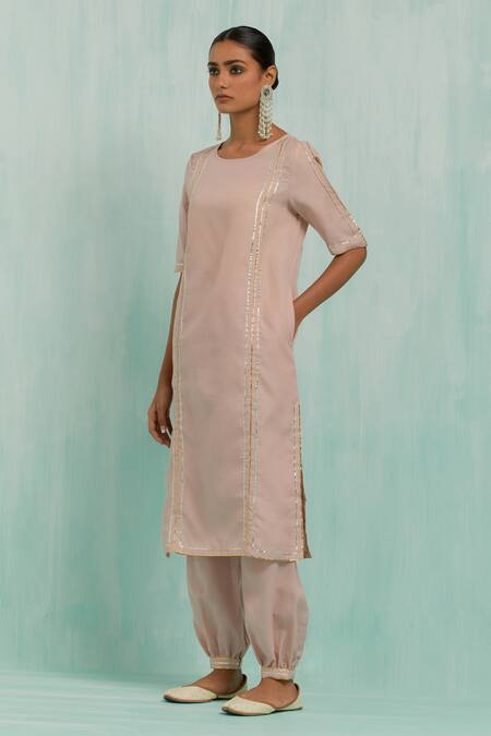 Buy_The Indian Cause_Pink Cotton Gota Patti Round Neck Lace Lined Kurta With Salwar _Online_at_Aza_Fashions
