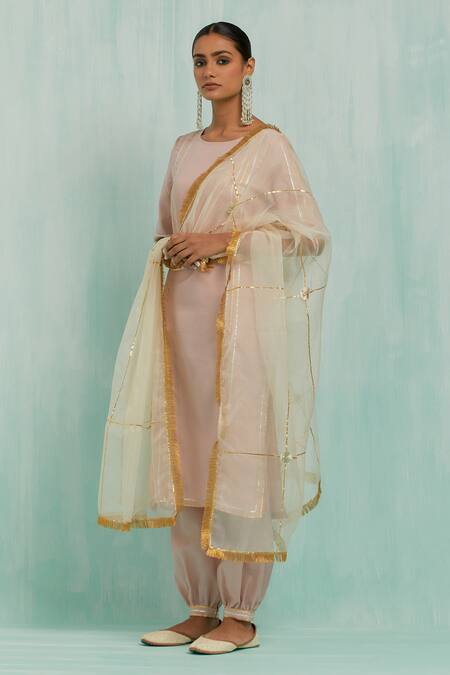 Buy_The Indian Cause_Pink Cotton Gota Patti Round Neck Lace Lined Kurta With Salwar 