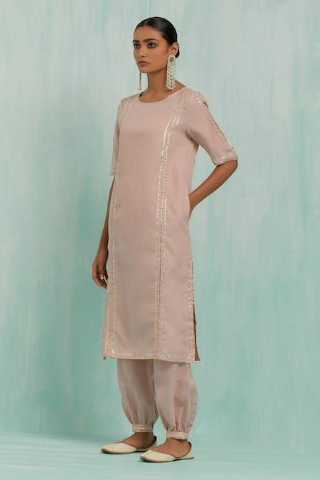 Shop The Indian Cause Pink Cotton, Chiffon Gota Patti Two Tone Lace Embellished Kurta Salwar Set Online at Aza Fashions Shop_The Indian Cause_Pink Cotton, Chiffon Gota Patti Two Tone Lace Embellished Kurta Salwar Set_Online_at_Aza_Fashions