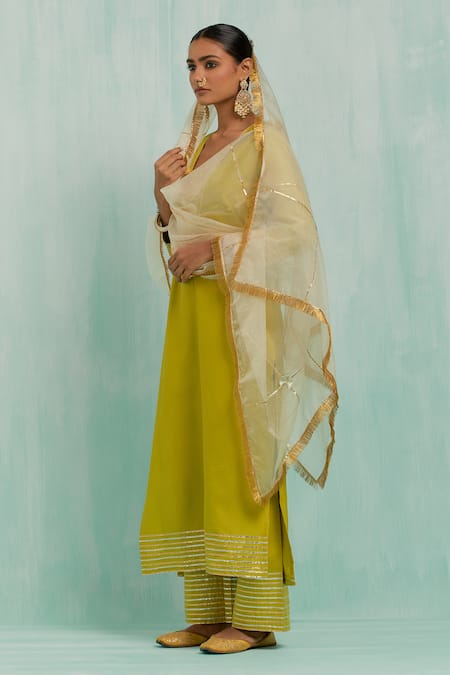 Shop The Indian Cause Green Cotton Gota Patti V-neck Embellished Kurta With Palazzo Online at Aza Fashions Shop_The Indian Cause_Green Cotton Gota Patti V-neck Embellished Kurta With Palazzo_Online_at_Aza_Fashions