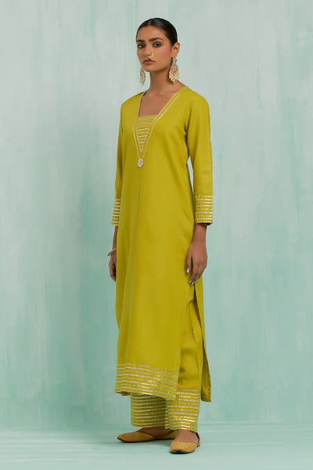 The Indian Cause_Green Cotton, Georgette Gota Patti, Embroidery Embellished Kurta Palazzo Set_Online_at_Aza_Fashions