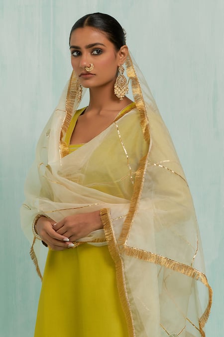 Shop_The Indian Cause_Green Cotton, Georgette Gota Patti, Embroidery Embellished Kurta Palazzo Set_Online_at_Aza_Fashions