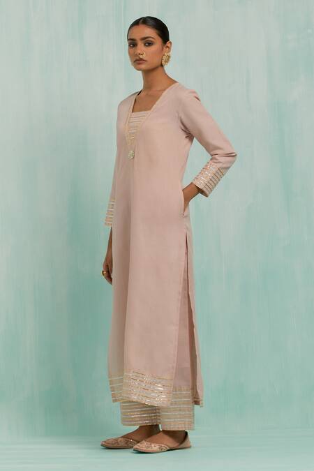 The Indian Cause_Pink Cotton Gota Patti V-neck Embellished Kurta With Palazzo_Online_at_Aza_Fashions