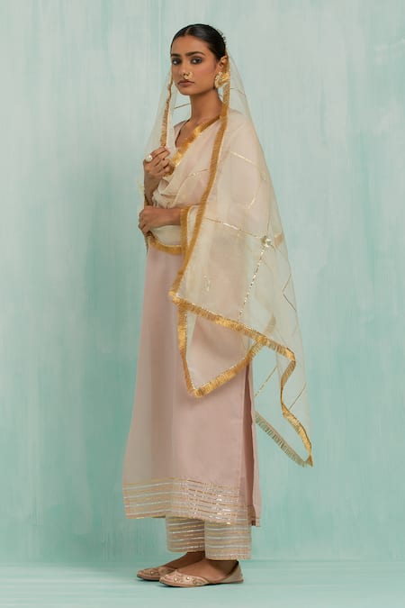 Shop_The Indian Cause_Pink Cotton Gota Patti V-neck Embellished Kurta With Palazzo_Online_at_Aza_Fashions