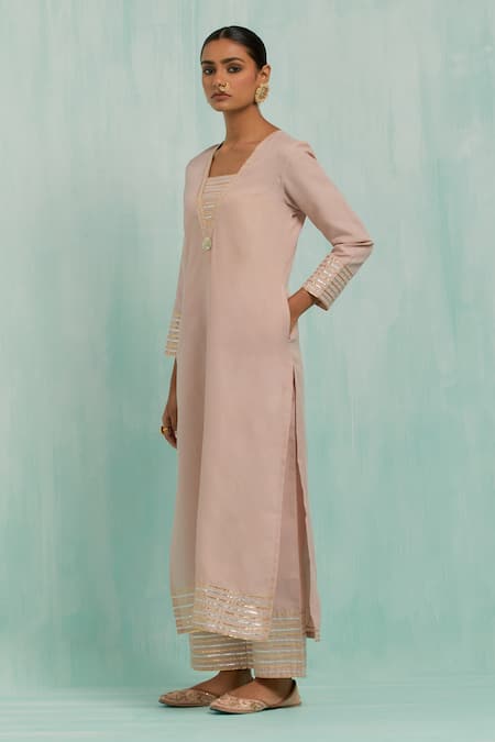 The Indian Cause Pink Cotton, Chiffon Gota Patti V-neck Palazzo Set With Embellished Dupatta Online at Aza Fashions The Indian Cause_Pink Cotton, Chiffon Gota Patti V-neck Palazzo Set With Embellished Dupatta_Online_at_Aza_Fashions