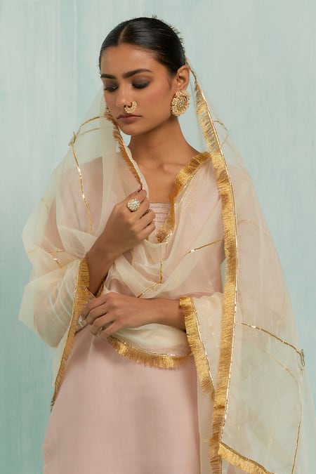Shop The Indian Cause Pink Cotton, Chiffon Gota Patti V-neck Palazzo Set With Embellished Dupatta Online at Aza Fashions Shop_The Indian Cause_Pink Cotton, Chiffon Gota Patti V-neck Palazzo Set With Embellished Dupatta_Online_at_Aza_Fashions