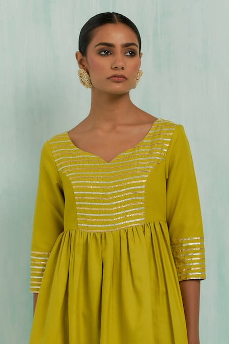 The Indian Cause Green Cotton Gota Patti Split V-neck Placed Embellished Anarkali With Palazzo Online at Aza Fashions The Indian Cause_Green Cotton Gota Patti Split V-neck Placed Embellished Anarkali With Palazzo_Online_at_Aza_Fashions