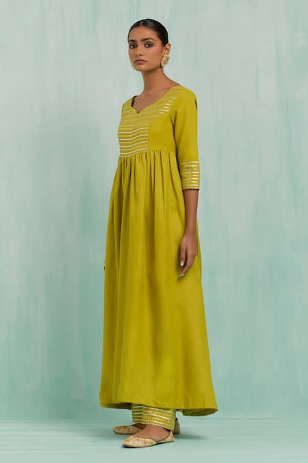 Buy The Indian Cause Green Cotton Gota Patti Split V-neck Placed Embellished Anarkali With Palazzo Online at Aza Fashions Buy_The Indian Cause_Green Cotton Gota Patti Split V-neck Placed Embellished Anarkali With Palazzo_Online_at_Aza_Fashions