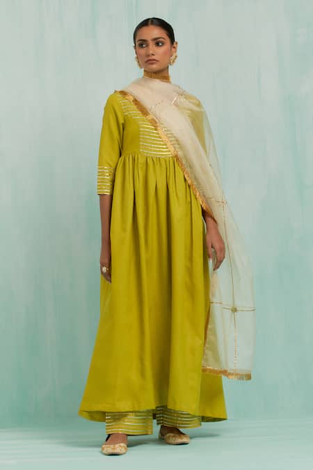 Shop The Indian Cause Green Cotton Gota Patti Split V-neck Placed Embellished Anarkali With Palazzo Online at Aza Fashions Shop_The Indian Cause_Green Cotton Gota Patti Split V-neck Placed Embellished Anarkali With Palazzo_Online_at_Aza_Fashions