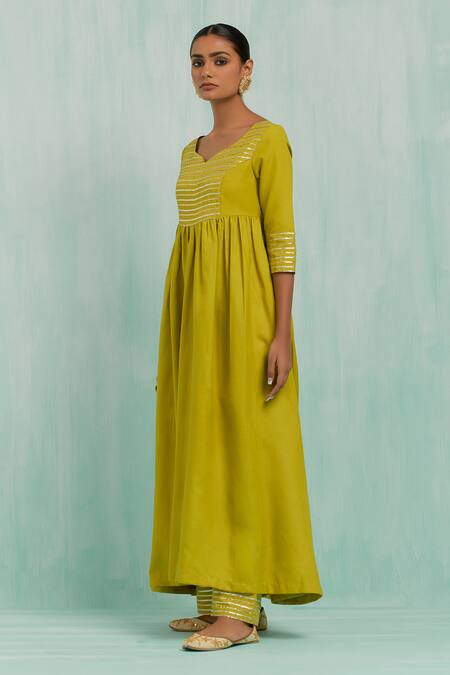 The Indian Cause_Green Cotton Gota Patti Boat Neck Placed Embellished Anarkali Palazzo Set_Online_at_Aza_Fashions