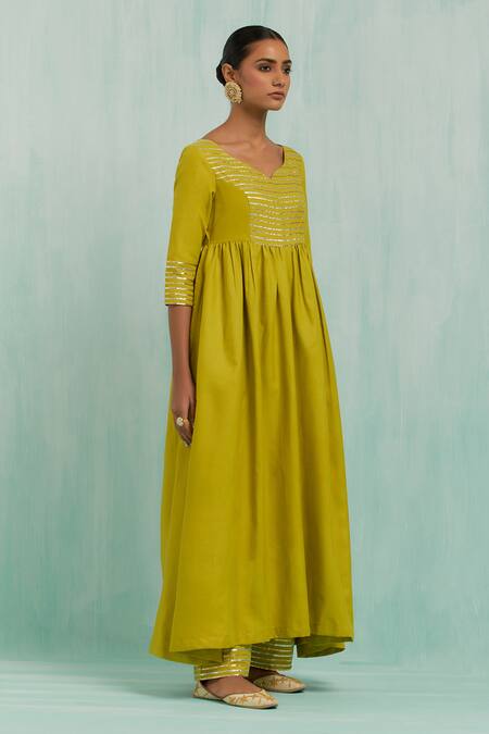 Buy_The Indian Cause_Green Cotton Gota Patti Boat Neck Placed Embellished Anarkali Palazzo Set_Online_at_Aza_Fashions