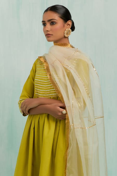 Shop_The Indian Cause_Green Cotton Gota Patti Boat Neck Placed Embellished Anarkali Palazzo Set_Online_at_Aza_Fashions